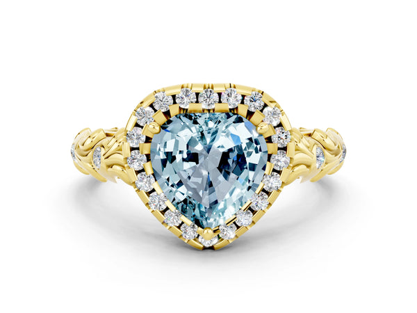 Yellow gold Heart Cut Aquamarine Halo Ring with Filigree Band and Prong Setting