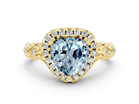 Yellow gold Heart Cut Halo Diamond Solitaire with Filigree Band and Four-Prong Setting