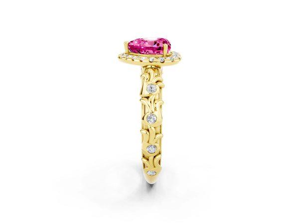Yellow gold Heart Cut Halo Diamond Solitaire with Filigree Band and Four-Prong Setting