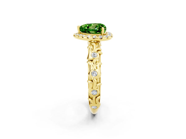 Yellow gold Heart Cut Peridot Halo Ring with Filigree Band and Prong Setting
