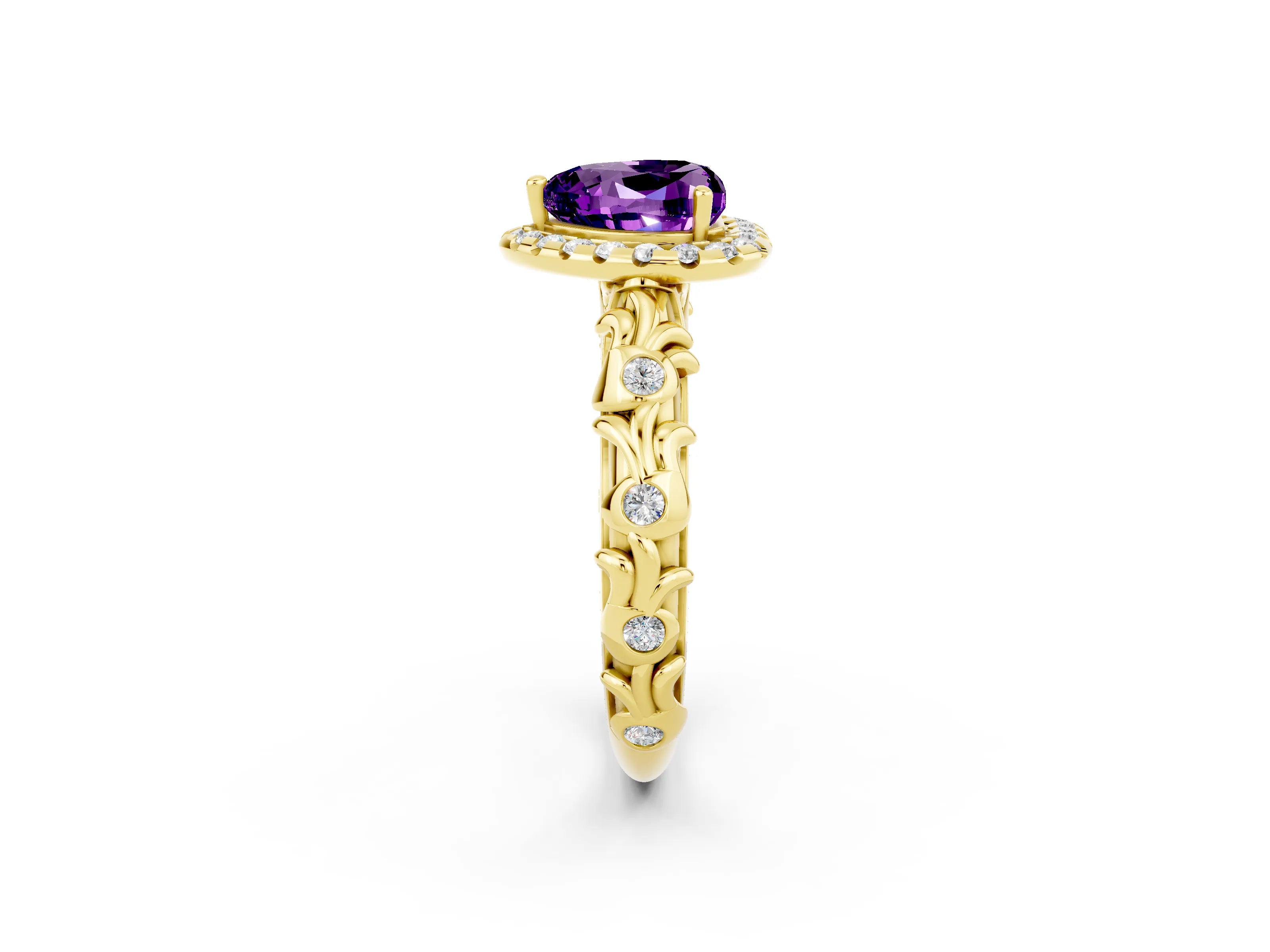Yellow gold Heart Cut Halo Diamond Solitaire with Filigree Band and Four-Prong Setting_2
