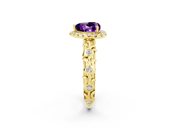 Yellow gold Heart Cut Amethyst Halo Ring with Filigree Band and Prong Setting