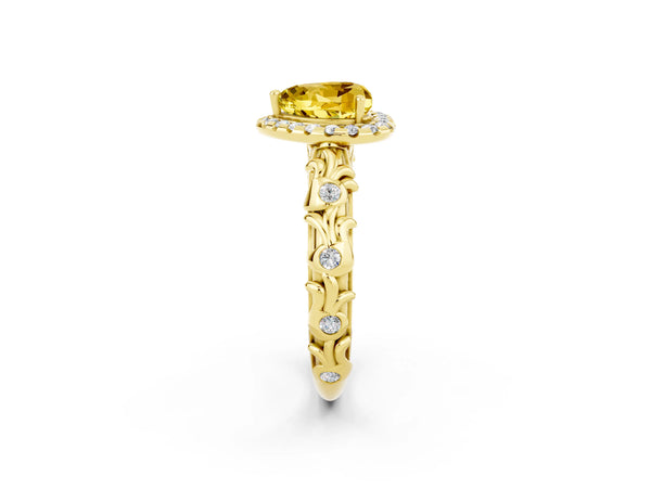 Yellow gold Heart Cut Yellow Sapphire Halo Ring with Filigree Band and Prong Setting