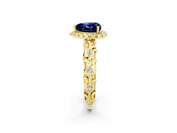 Yellow gold Heart Cut Blue Sapphire Halo Ring with Filigree Band and Prong Setting