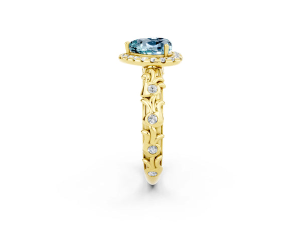 Yellow gold Heart Cut Aquamarine Halo Ring with Filigree Band and Prong Setting