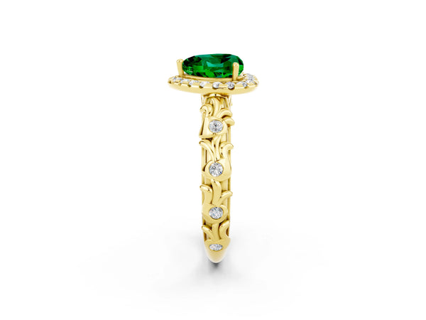 Yellow gold Heart Cut Emerald Halo Ring with Filigree Band and Prong Setting