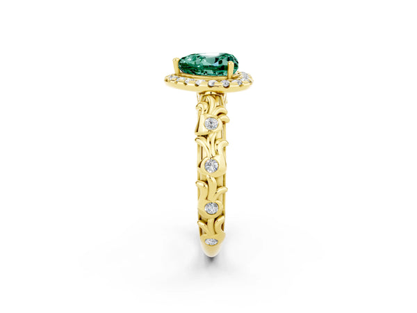 Yellow gold Heart Cut Green Sapphire Halo Ring with Filigree Band and Prong Setting