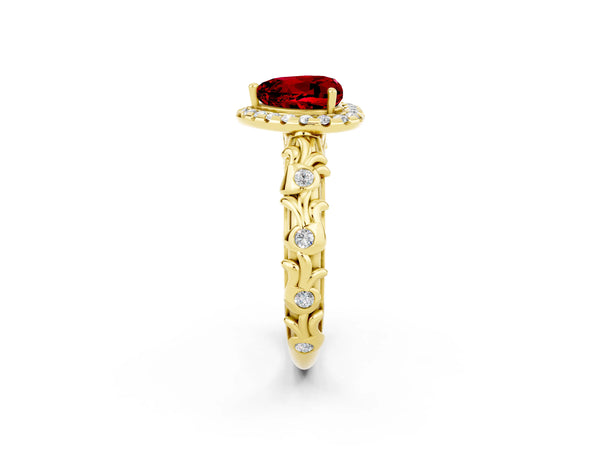 Yellow gold Heart Cut Ruby Halo Ring with Filigree Band and Prong Setting