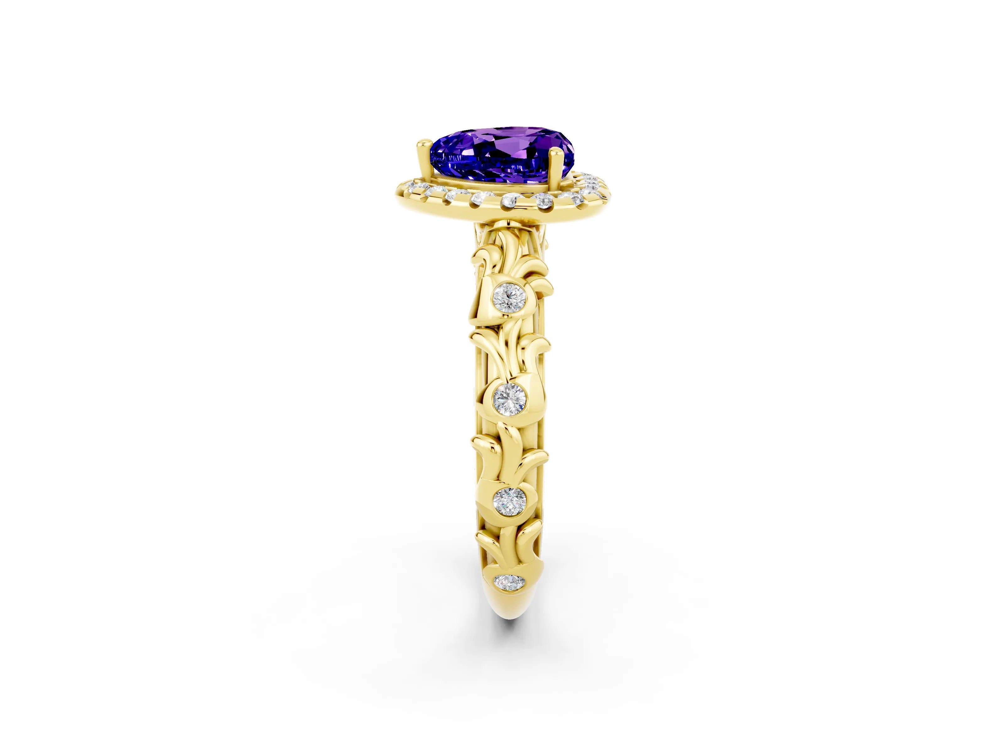 Yellow gold Heart Cut Halo Diamond Solitaire with Filigree Band and Four-Prong Setting_2