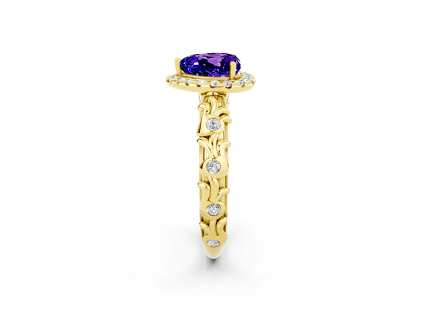 Yellow gold Heart Cut Tanzanite Halo Ring with Filigree Band and Prong Setting