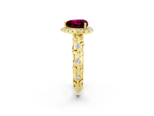 Yellow gold Heart Cut Garnet Halo Ring with Filigree Band and Prong Setting