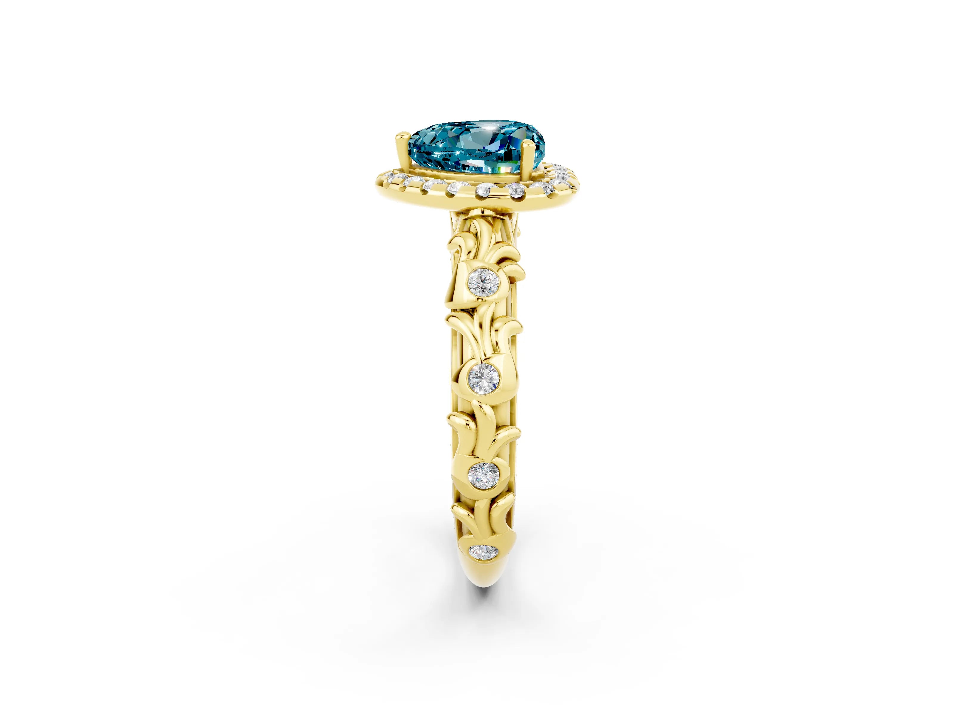 Yellow gold Heart Cut Halo Diamond Solitaire with Filigree Band and Four-Prong Setting_2