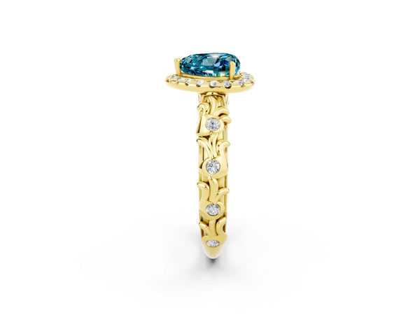Yellow gold Heart Cut Halo Diamond Solitaire with Filigree Band and Four-Prong Setting