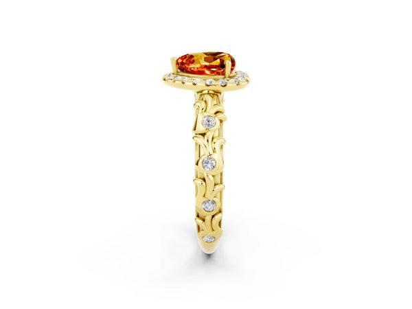 Yellow gold Heart Cut Citrine Halo Ring with Filigree Band and Prong Setting