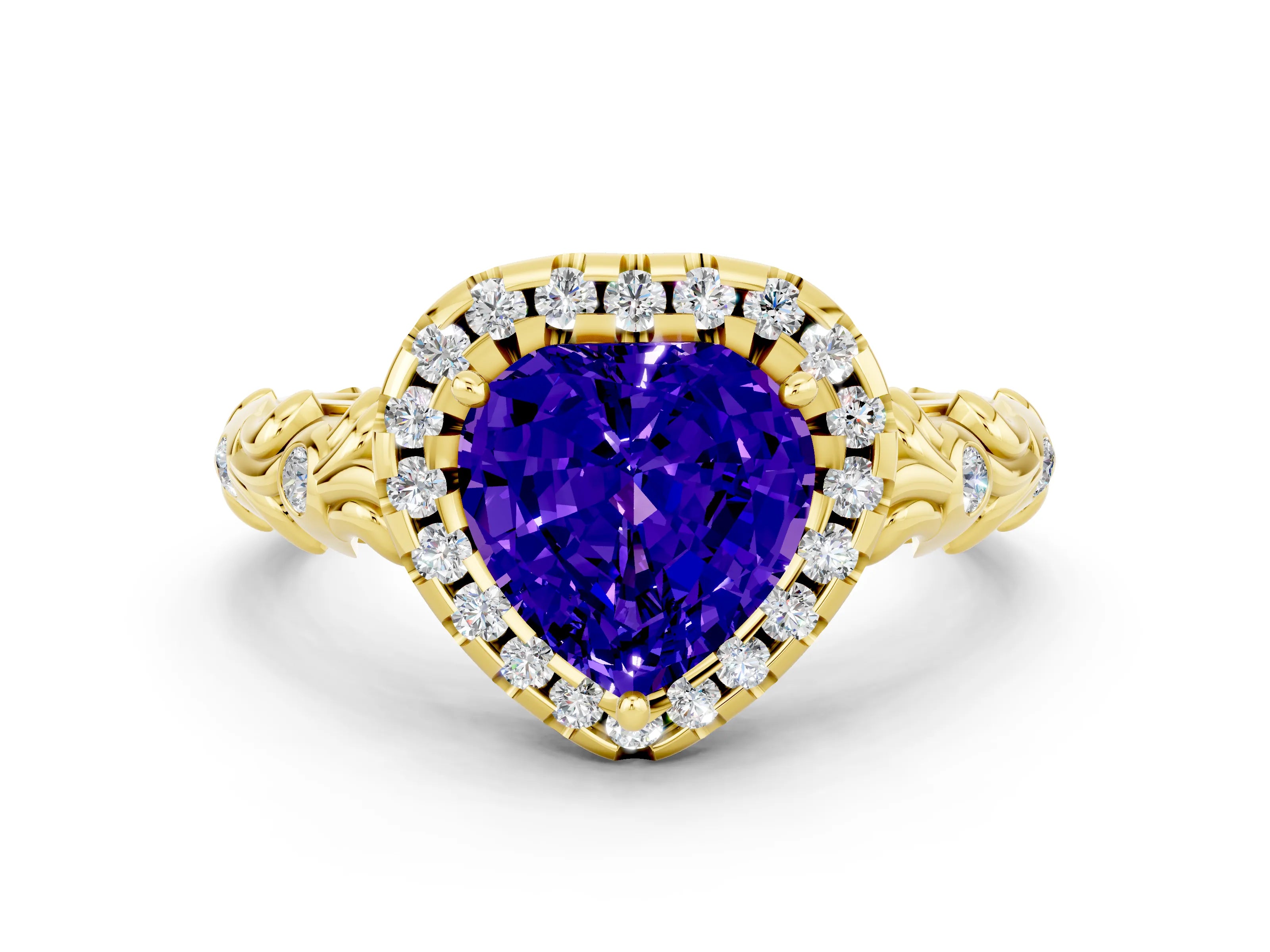 Yellow gold Heart Cut Halo Diamond Solitaire with Filigree Band and Four-Prong Setting