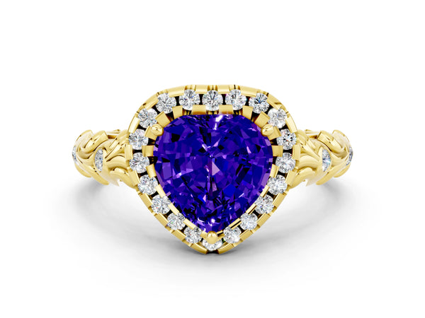 Yellow gold Heart Cut Tanzanite Halo Ring with Filigree Band and Prong Setting
