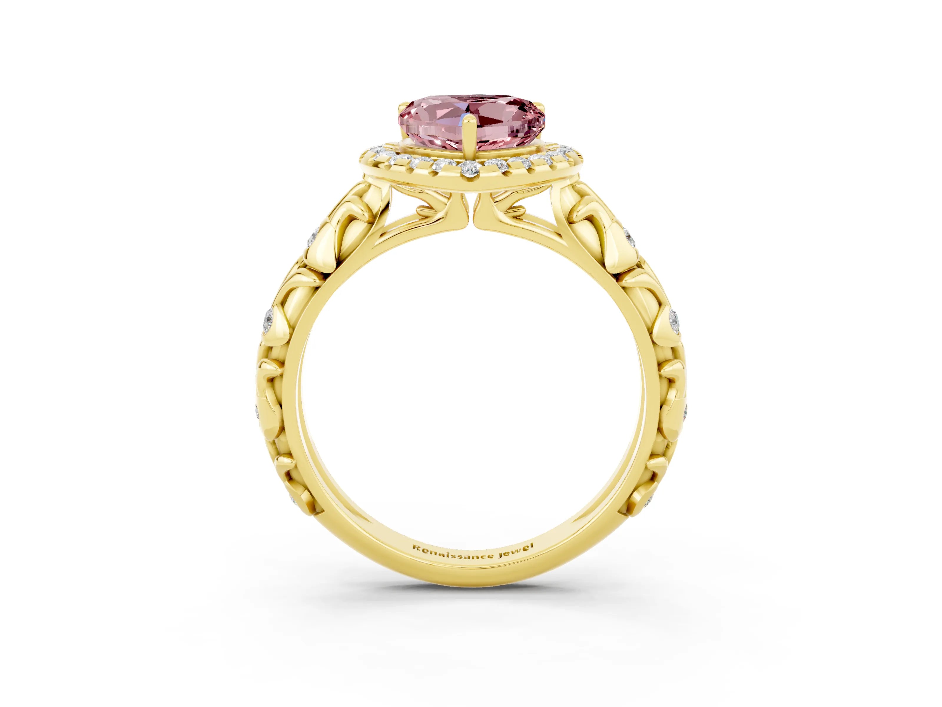 Yellow gold Heart Cut Halo Diamond Solitaire with Filigree Band and Four-Prong Setting_3