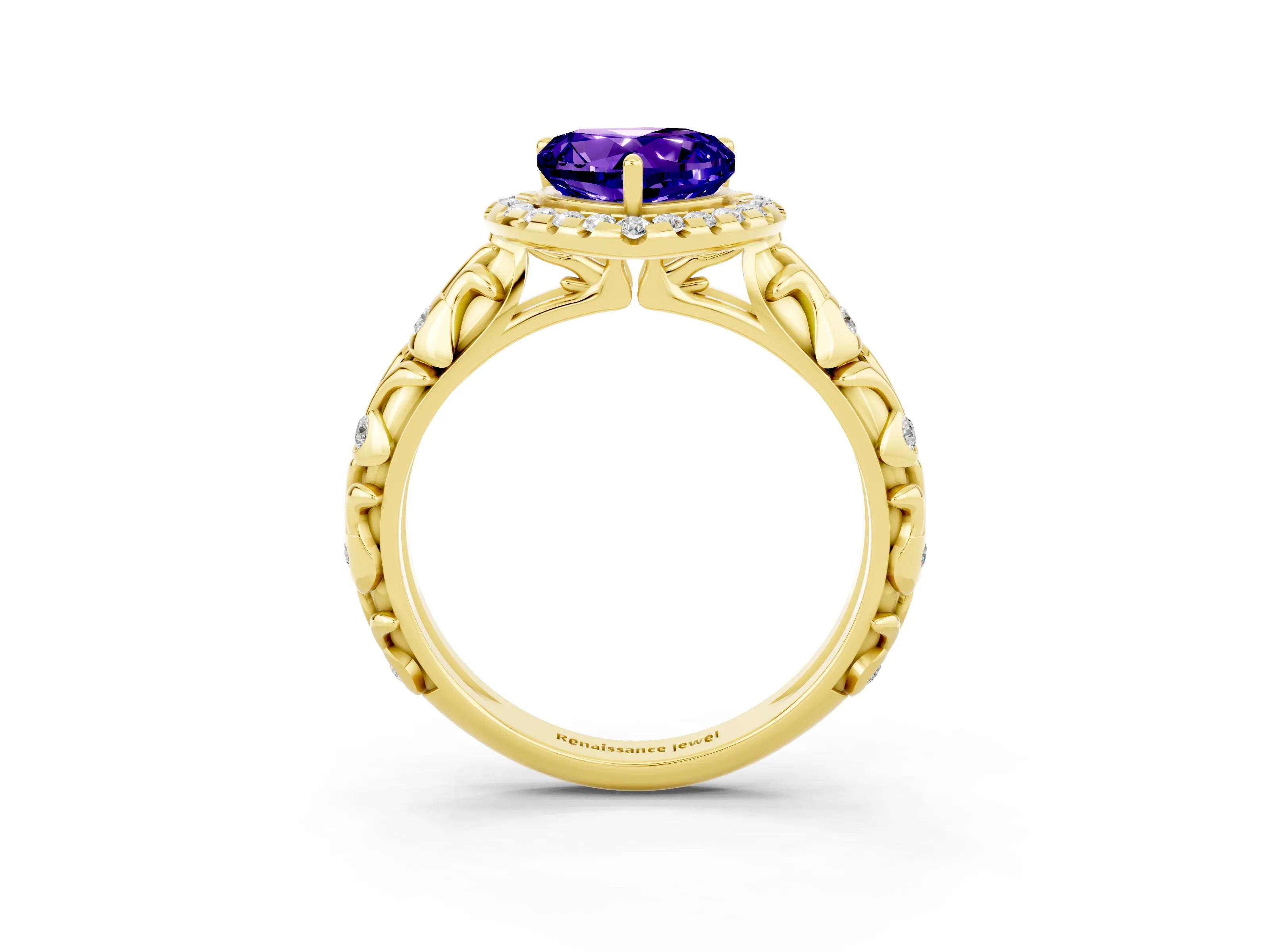 Yellow gold Heart Cut Halo Diamond Solitaire with Filigree Band and Four-Prong Setting_3
