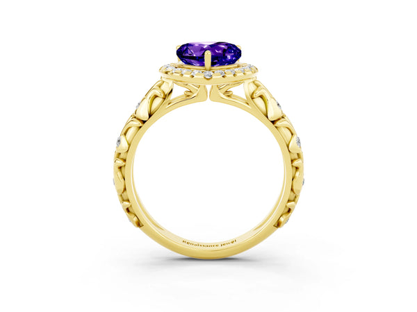 Yellow gold Heart Cut Tanzanite Halo Ring with Filigree Band and Prong Setting