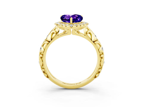Yellow gold Heart Cut Halo Diamond Solitaire with Filigree Band and Four-Prong Setting_3