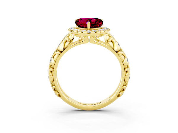 Yellow gold Heart Cut Garnet Halo Ring with Filigree Band and Prong Setting