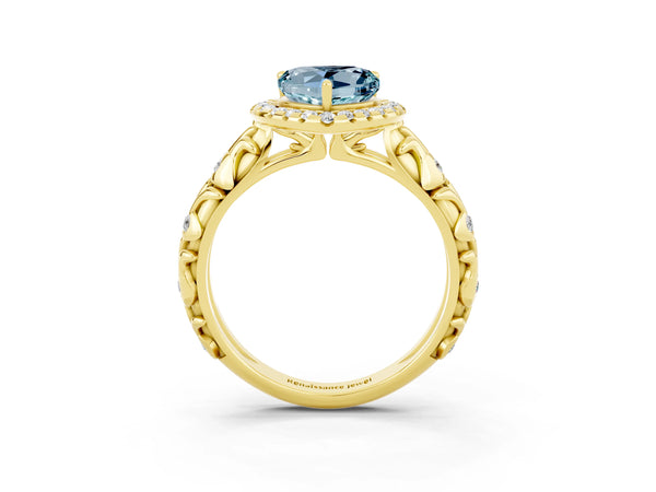 Yellow gold Heart Cut Aquamarine Halo Ring with Filigree Band and Prong Setting