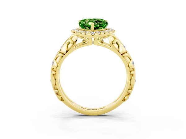 Yellow gold Heart Cut Peridot Halo Ring with Filigree Band and Prong Setting