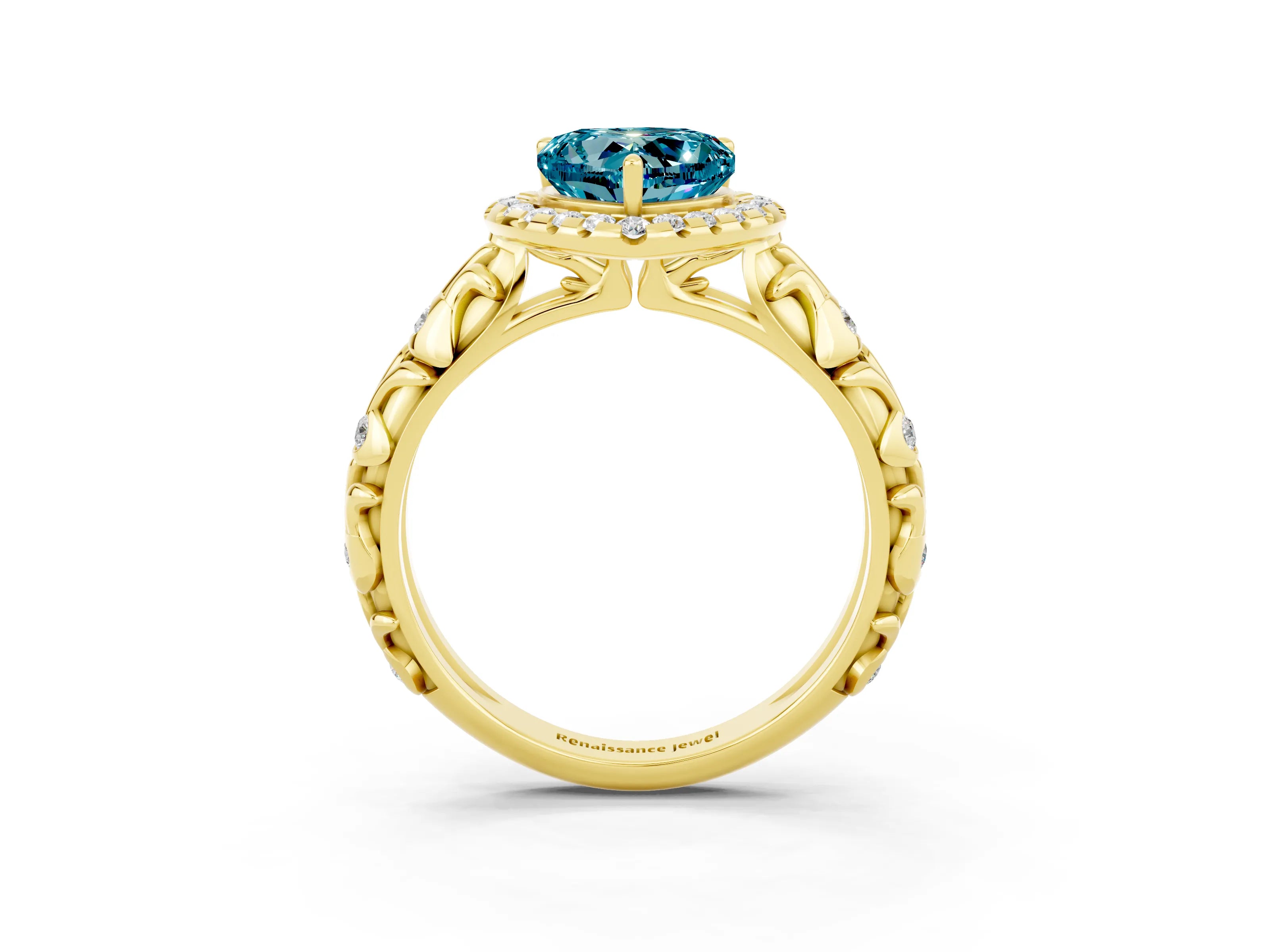Yellow gold Heart Cut Halo Diamond Solitaire with Filigree Band and Four-Prong Setting_3