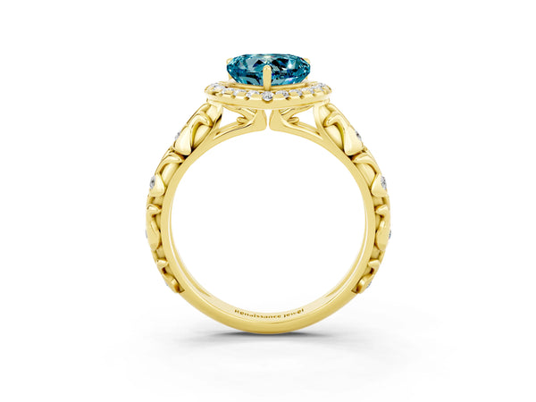Yellow gold Heart Cut Halo Diamond Solitaire with Filigree Band and Four-Prong Setting