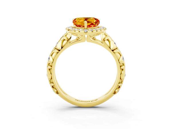 Yellow gold Heart Cut Citrine Halo Ring with Filigree Band and Prong Setting