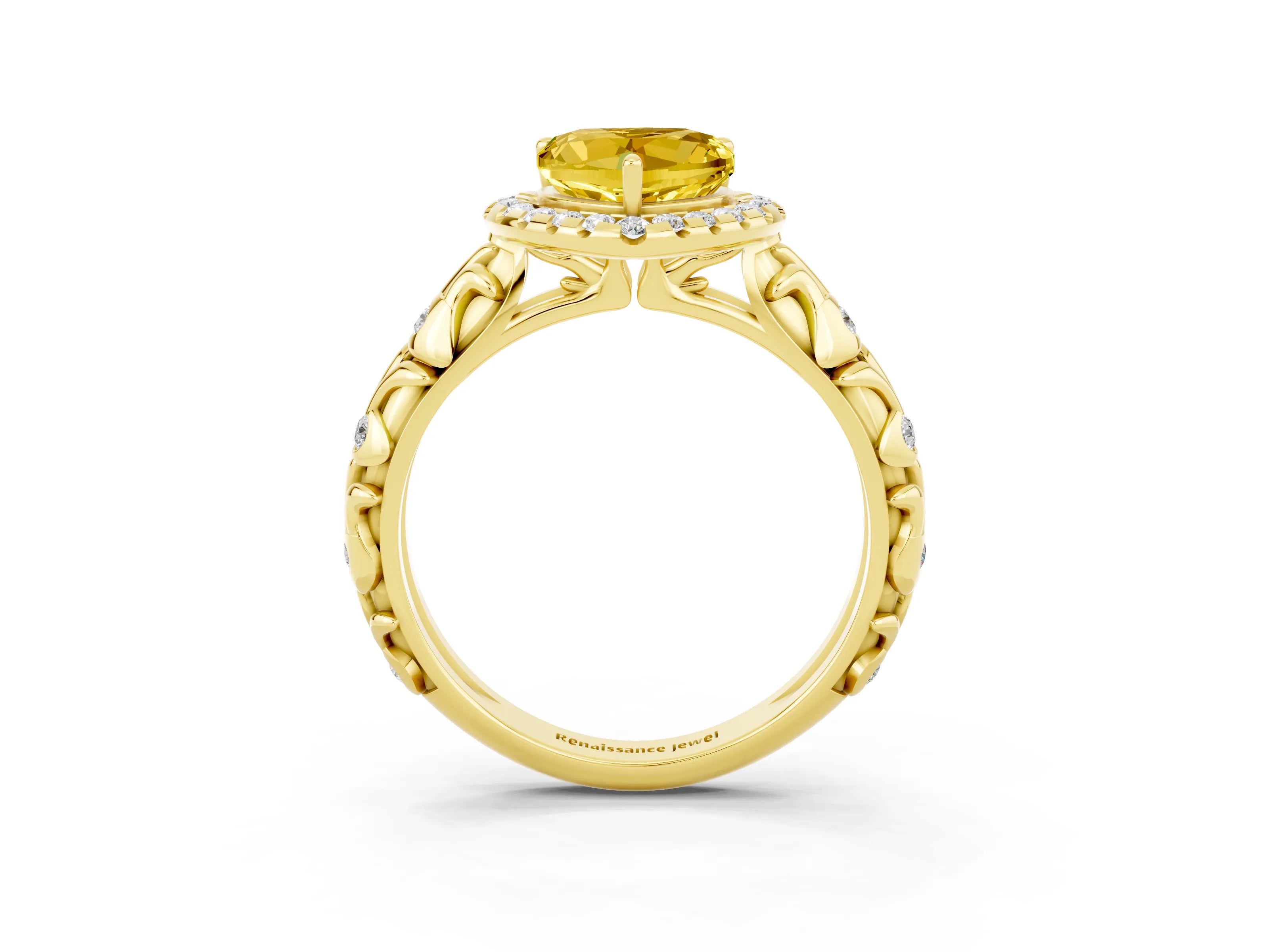Yellow gold Heart Cut Halo Diamond Solitaire with Filigree Band and Four-Prong Setting_3