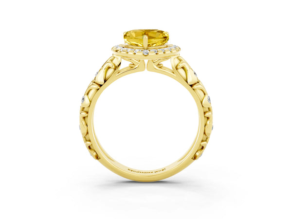 Yellow gold Heart Cut Yellow Sapphire Halo Ring with Filigree Band and Prong Setting