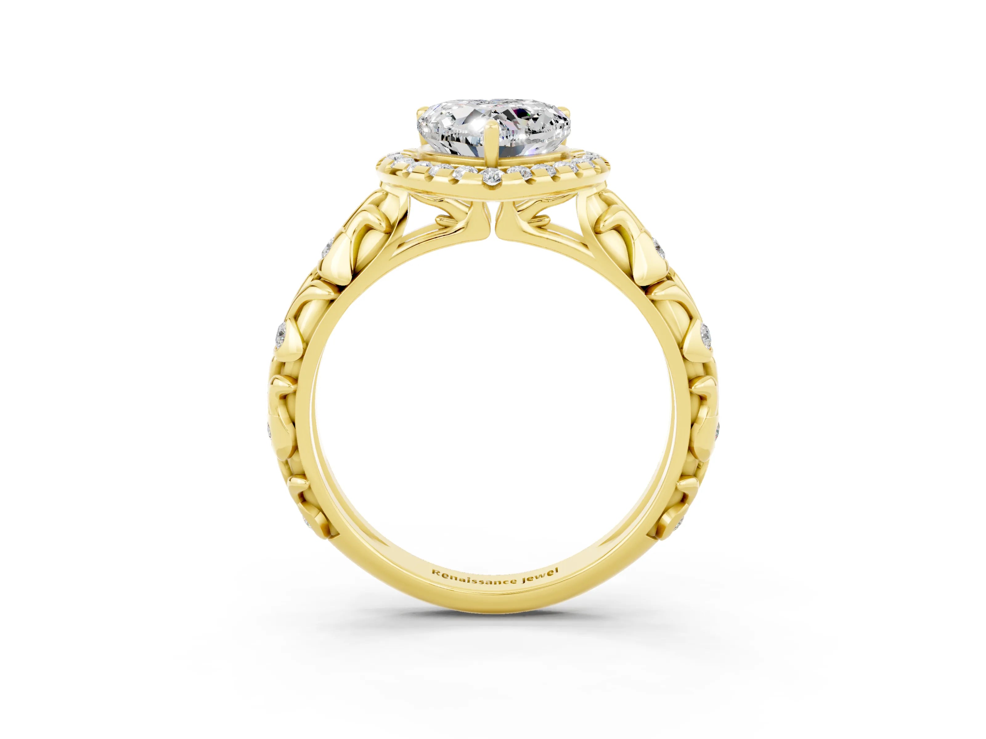 Yellow gold Heart Cut Halo Diamond Solitaire with Filigree Band and Four-Prong Setting_3