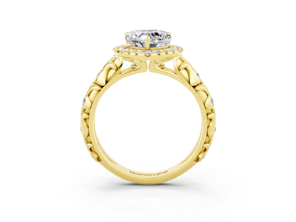 Yellow gold Heart Cut Moissanite Halo Ring with Filigree Band and Prong Setting