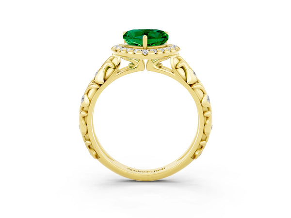 Yellow gold Heart Cut Emerald Halo Ring with Filigree Band and Prong Setting