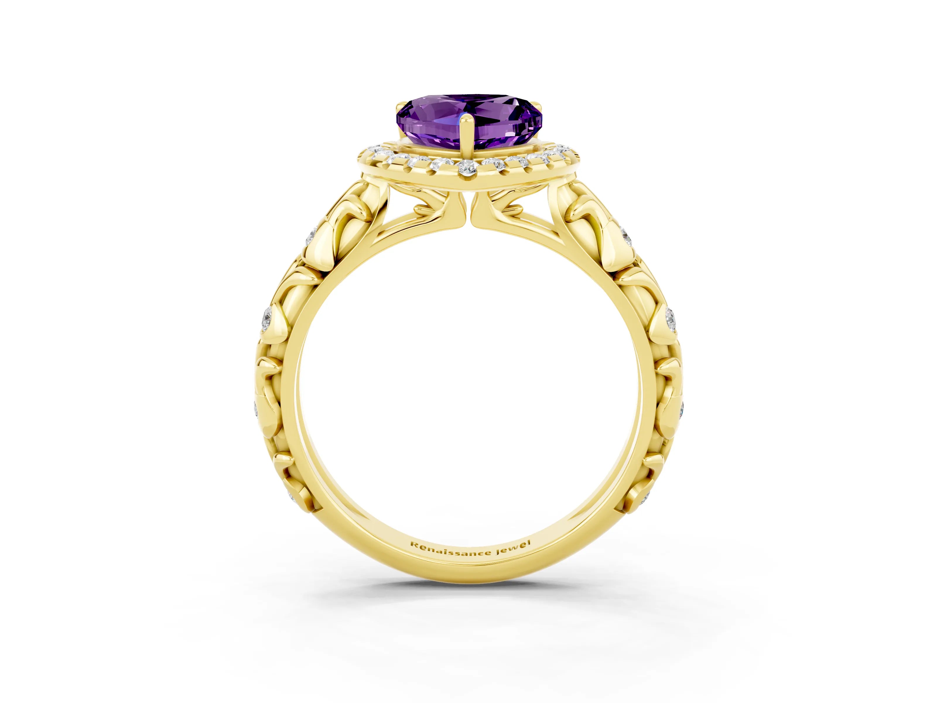 Yellow gold Heart Cut Halo Diamond Solitaire with Filigree Band and Four-Prong Setting_3