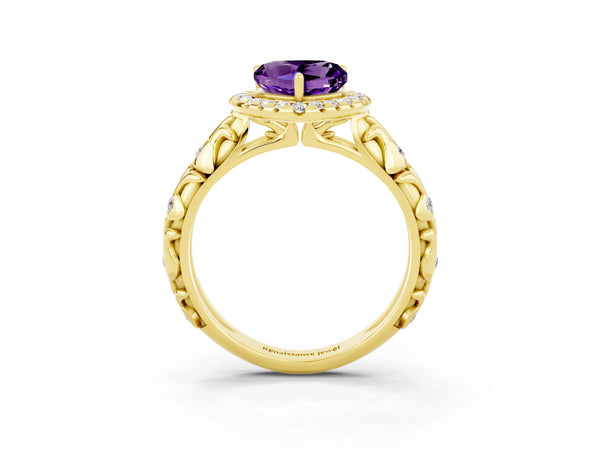 Yellow gold Heart Cut Amethyst Halo Ring with Filigree Band and Prong Setting