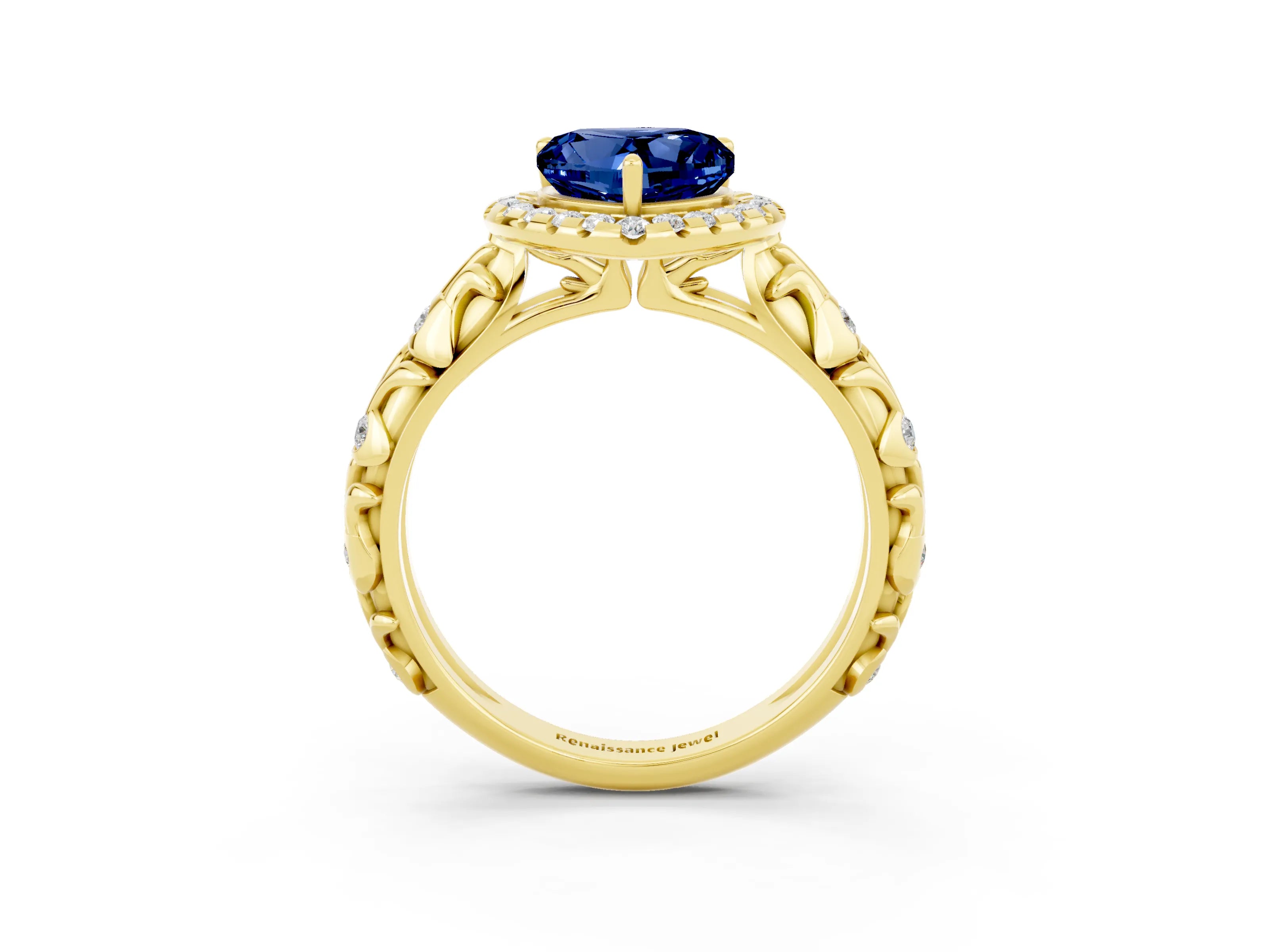 Yellow gold Heart Cut Halo Diamond Solitaire with Filigree Band and Four-Prong Setting_3