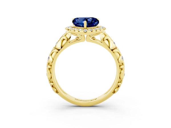 Yellow gold Heart Cut Blue Sapphire Halo Ring with Filigree Band and Prong Setting