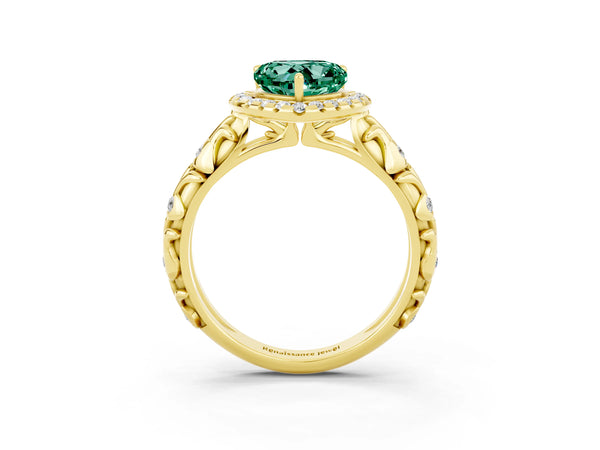 Yellow gold Heart Cut Green Sapphire Halo Ring with Filigree Band and Prong Setting