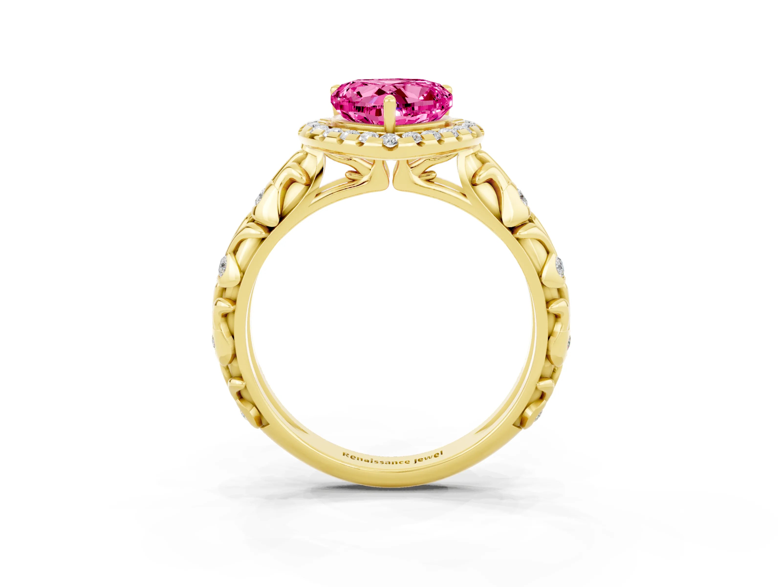 Yellow gold Heart Cut Halo Diamond Solitaire with Filigree Band and Four-Prong Setting_3