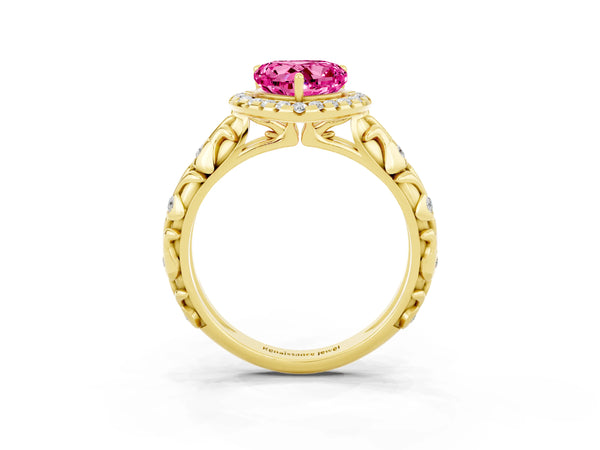 Yellow gold Heart Cut Halo Diamond Solitaire with Filigree Band and Four-Prong Setting