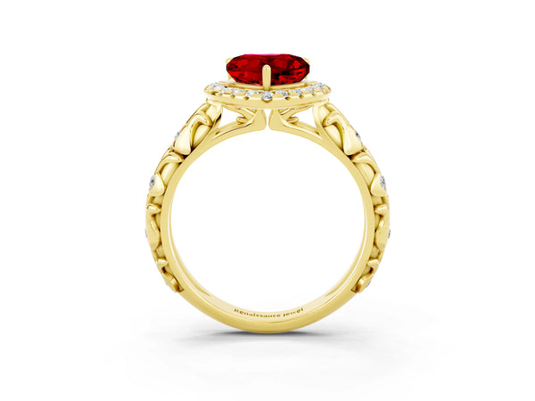 Yellow gold Heart Cut Ruby Halo Ring with Filigree Band and Prong Setting