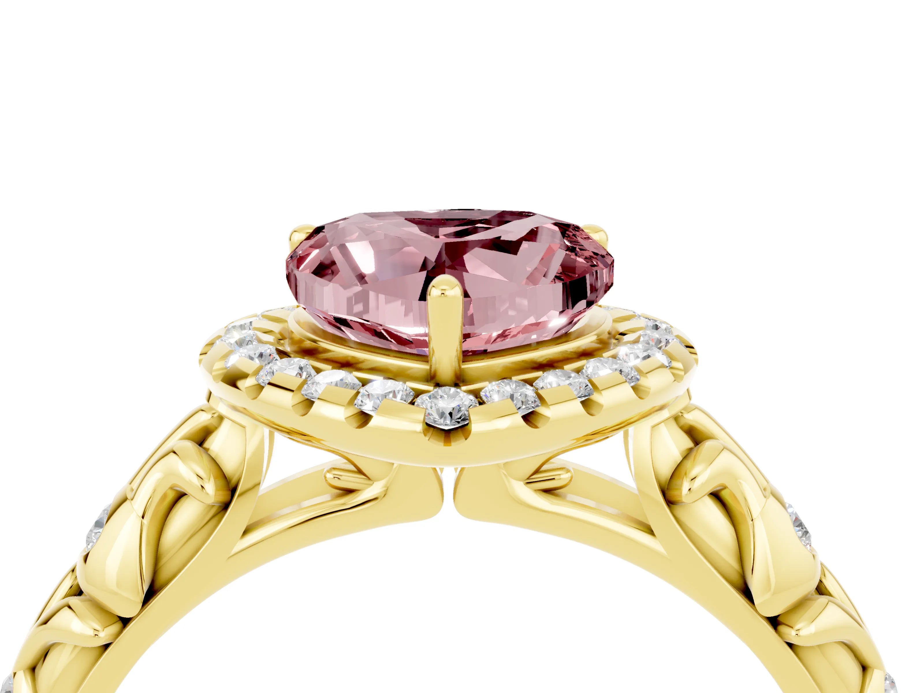 Yellow gold Heart Cut Halo Diamond Solitaire with Filigree Band and Four-Prong Setting_4