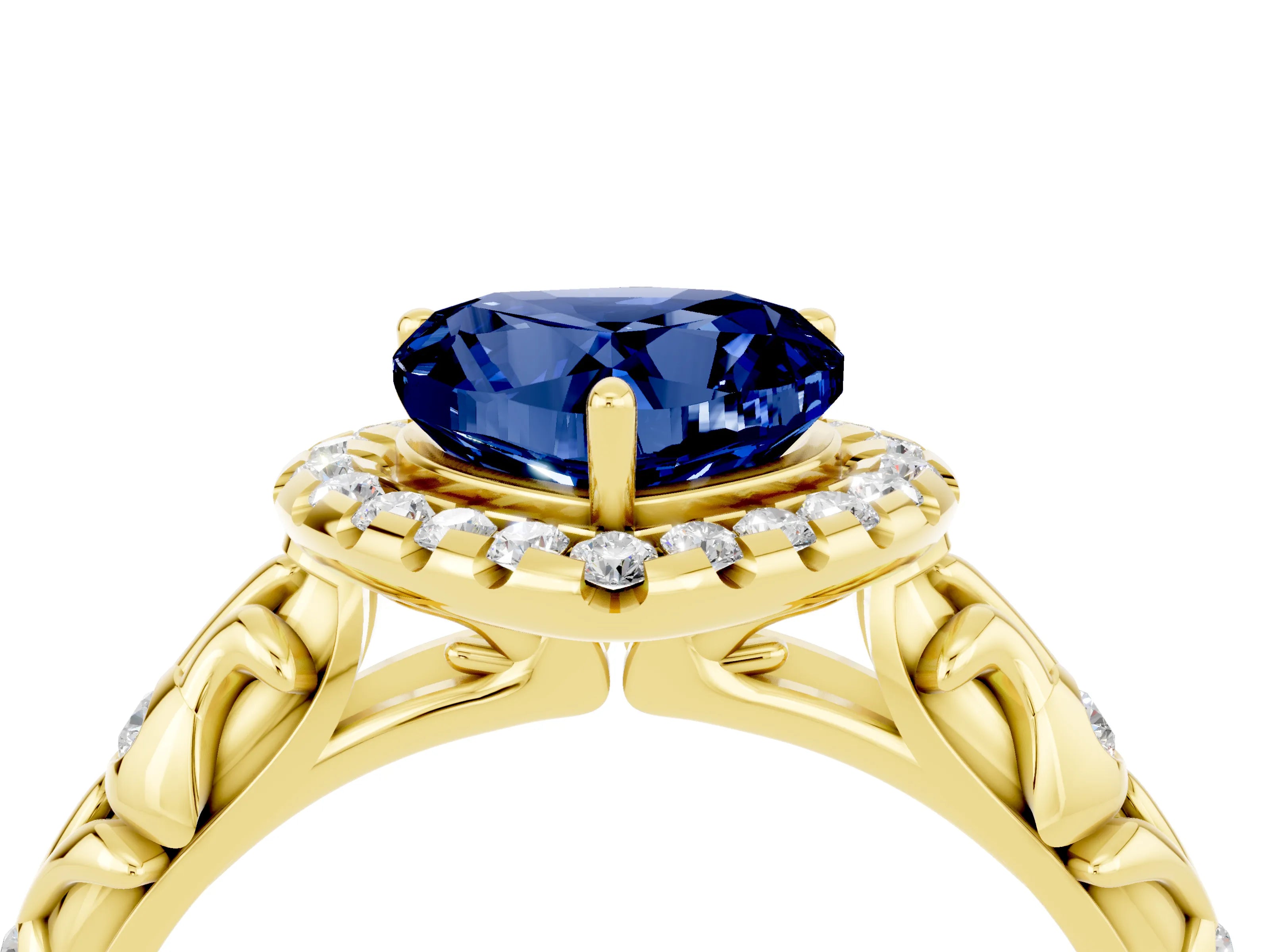Yellow gold Heart Cut Halo Diamond Solitaire with Filigree Band and Four-Prong Setting_4