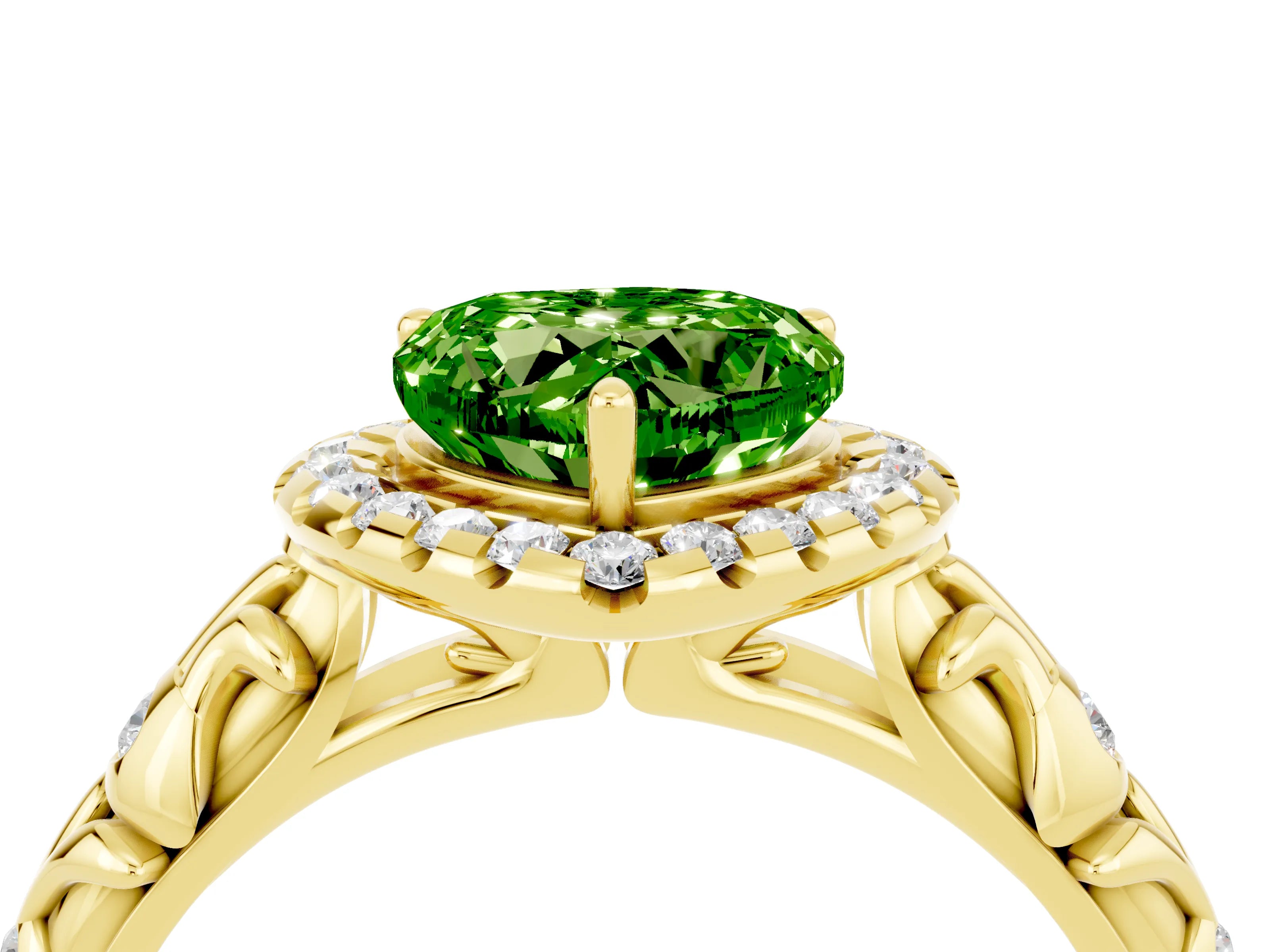 Yellow gold Heart Cut Halo Diamond Solitaire with Filigree Band and Four-Prong Setting_4