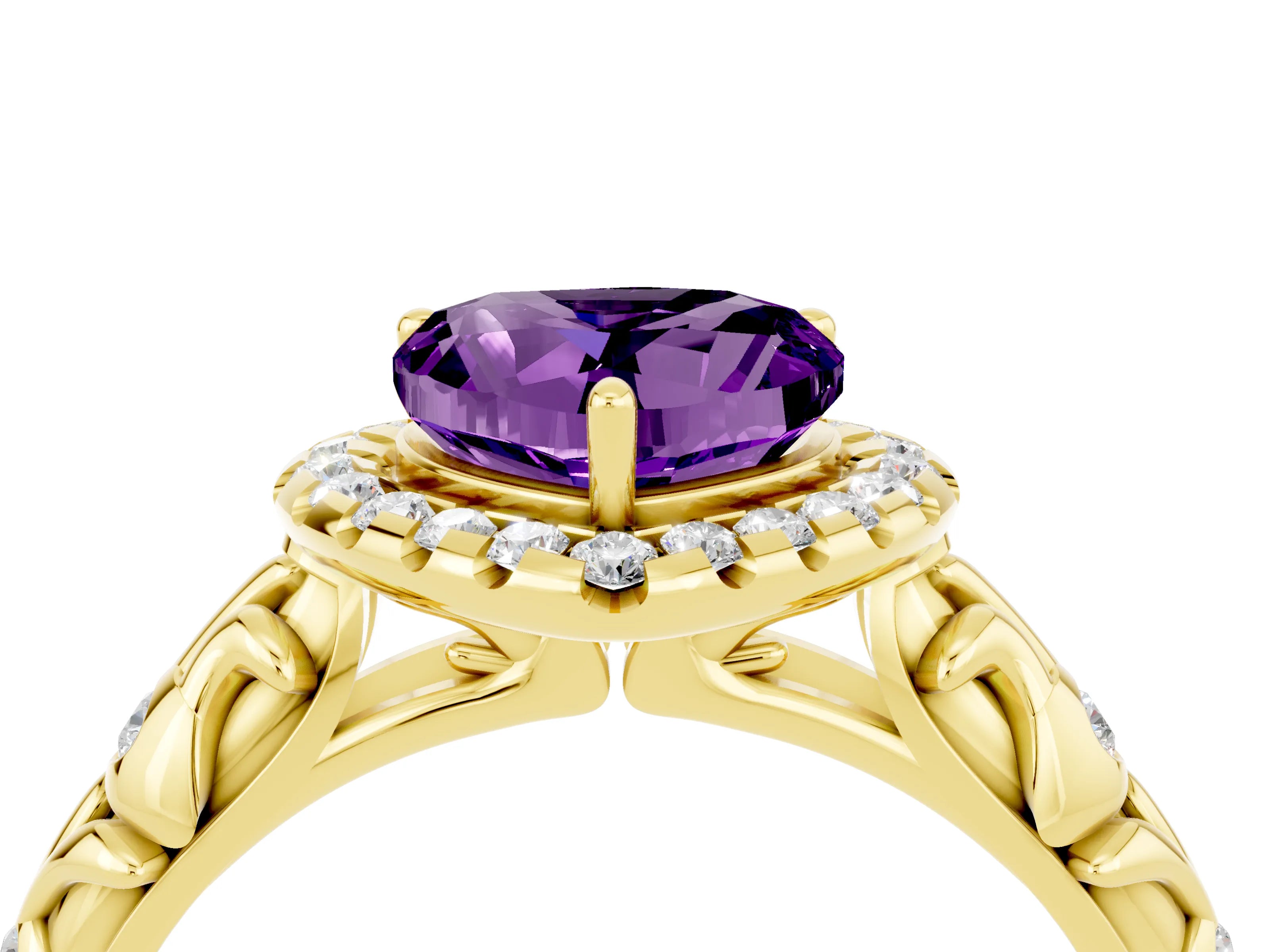 Yellow gold Heart Cut Halo Diamond Solitaire with Filigree Band and Four-Prong Setting_4