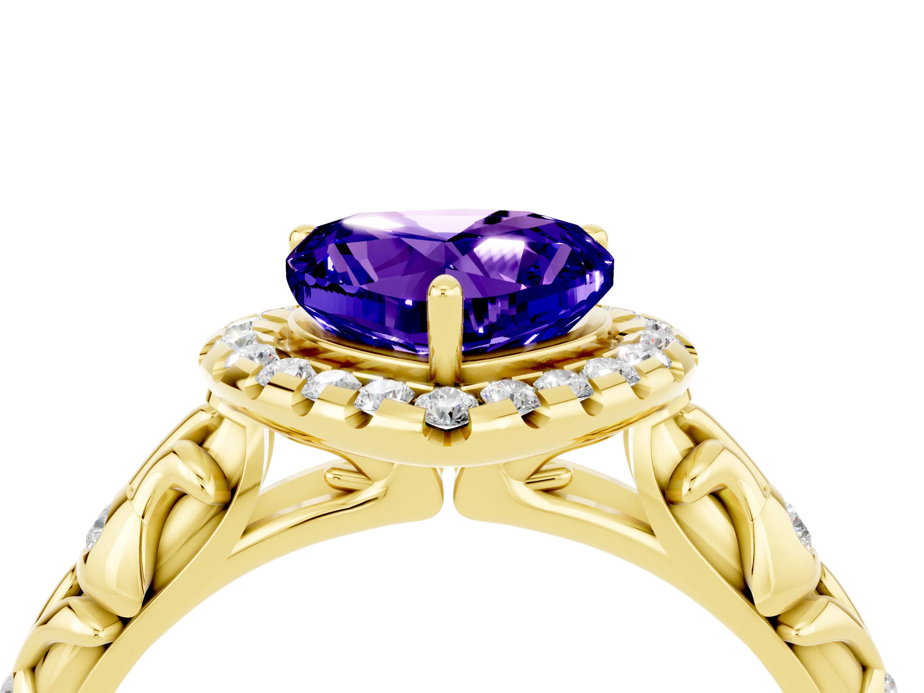 Yellow gold Heart Cut Halo Diamond Solitaire with Filigree Band and Four-Prong Setting_4