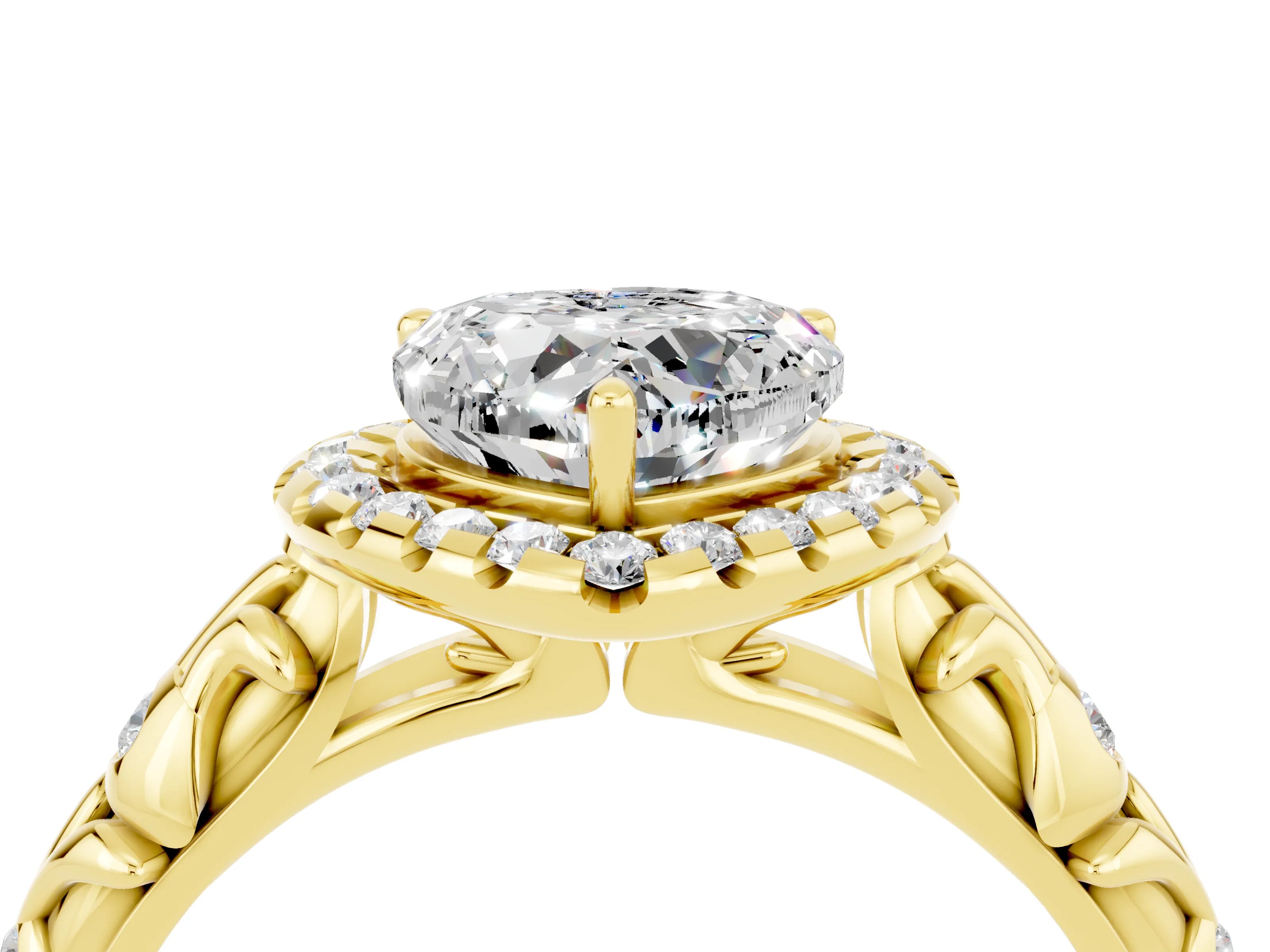 Yellow gold Heart Cut Halo Diamond Solitaire with Filigree Band and Four-Prong Setting_4