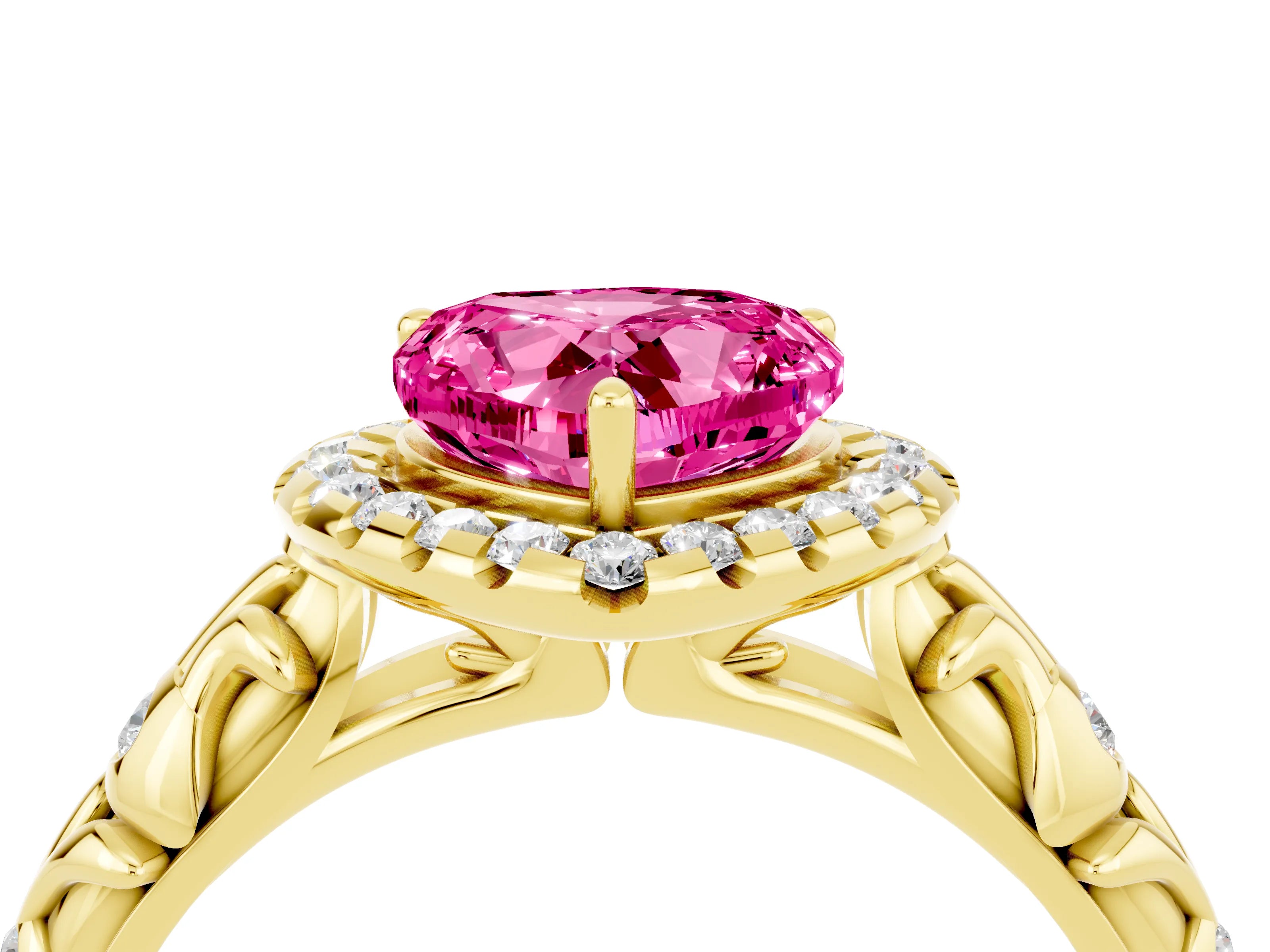 Yellow gold Heart Cut Halo Diamond Solitaire with Filigree Band and Four-Prong Setting_4